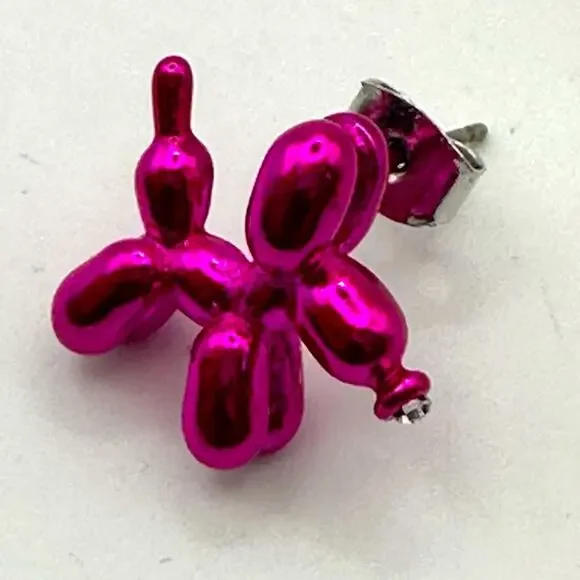 Metallic Hot Pink Balloon Animal Dog Earrings Pierced Modern Contemporary - Picture 3 of 5